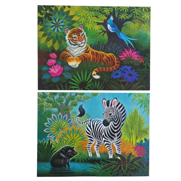 Vtg 1973 K Chin Zebra Tiger Jungle Art Prints 12x9 Pair Colorful Floral Animal - Picture 1 of 8